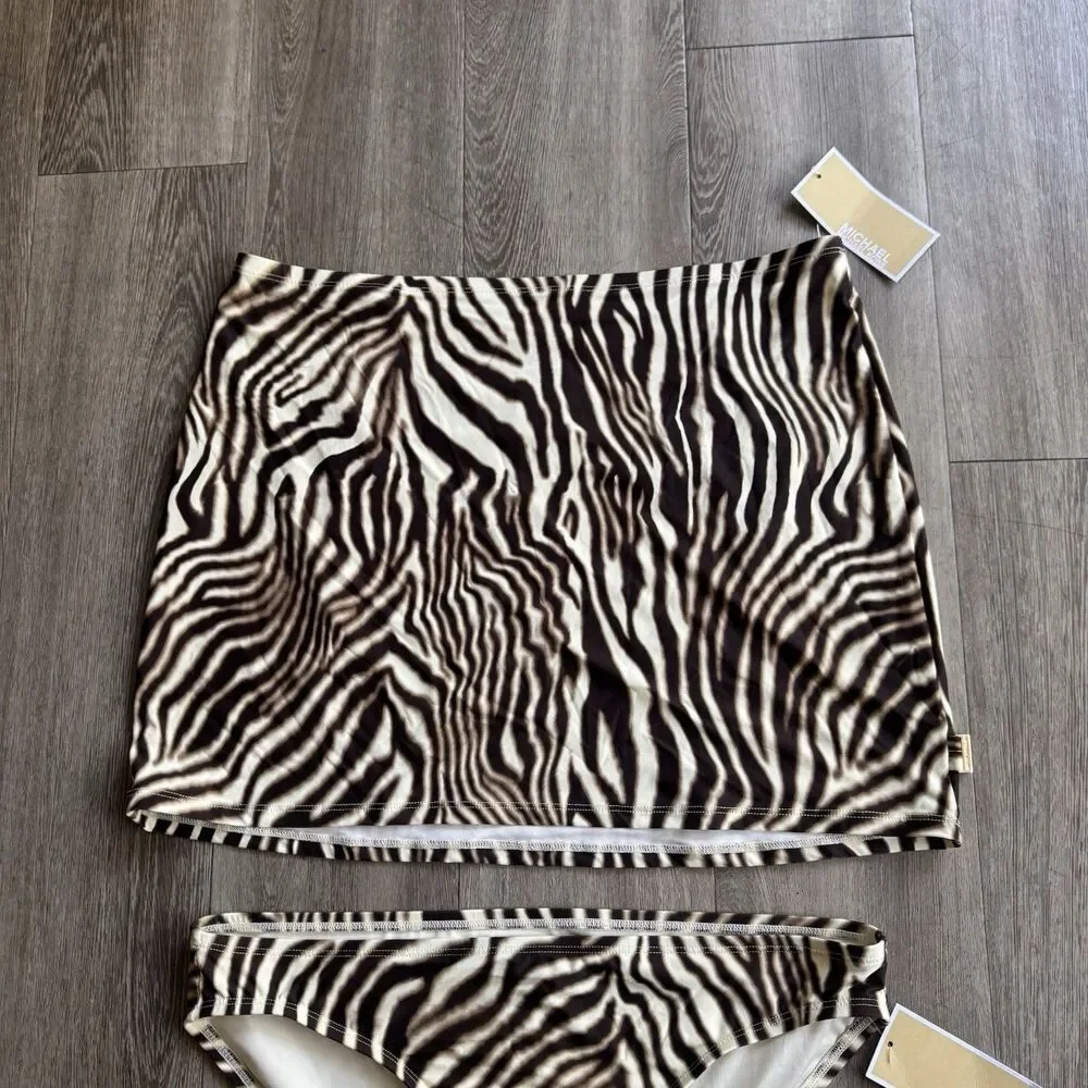 NWT 2 Piece Michael Kors Sz L Bottoms & Skirt Striped Chocolate Zebra Swimsuit